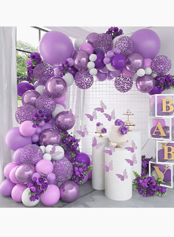 بيوينتي مجموعة قوس بالون أرجواني 140 قطعة قوس بالون أرجواني لحفلة استحمام الطفل بالون لاتكس مزخرف - Image 1