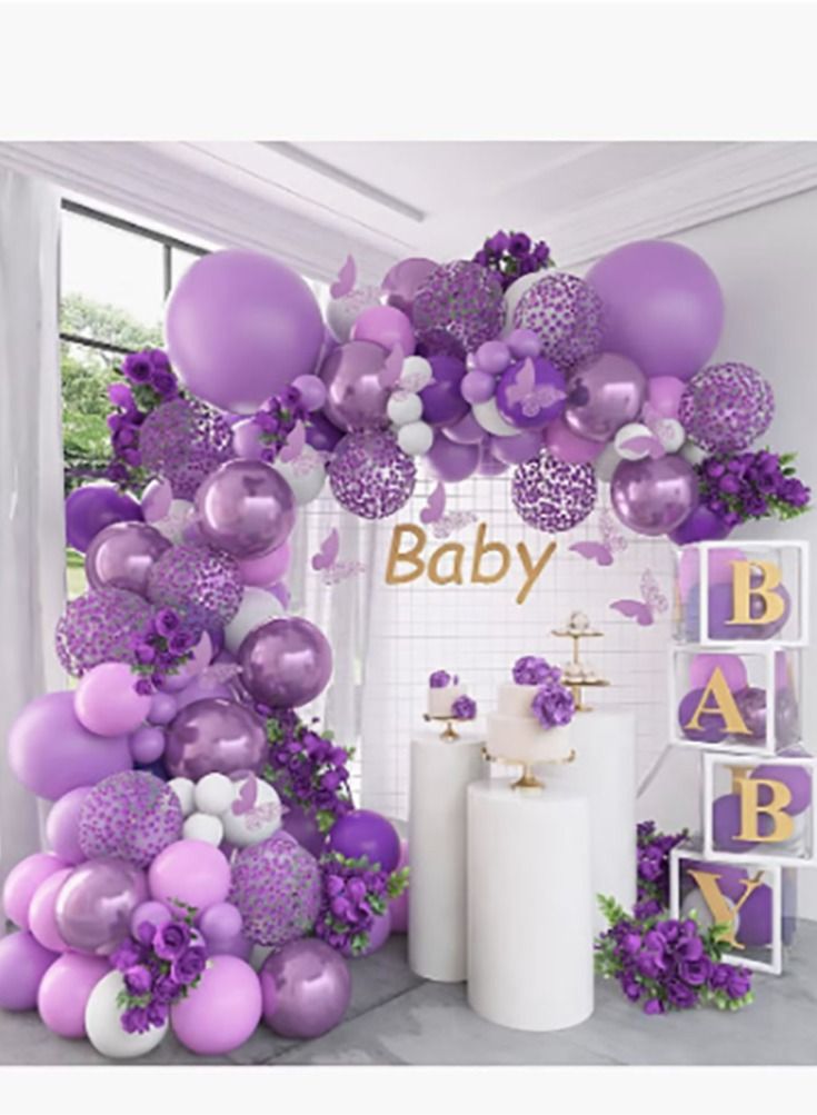 بيوينتي مجموعة قوس بالون أرجواني 140 قطعة قوس بالون أرجواني لحفلة استحمام الطفل بالون لاتكس مزخرف - Image 2