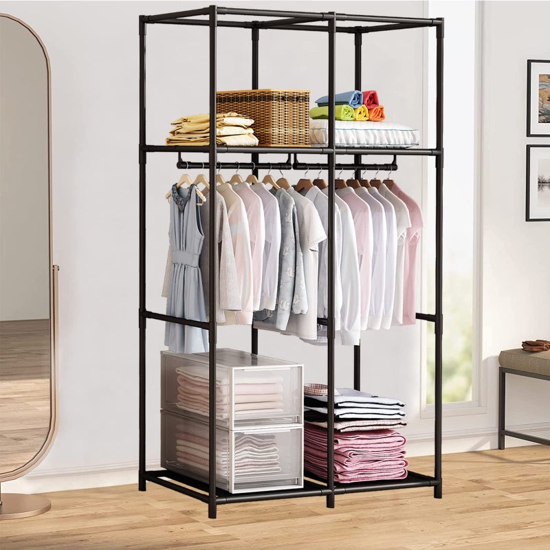 SORCEDAS Portable Wardrobe Closet Storage Organizer Metal Hanging Rack Non-Woven Fabric 34 Inch Coffee (34 Inch, Blue) - Image 4