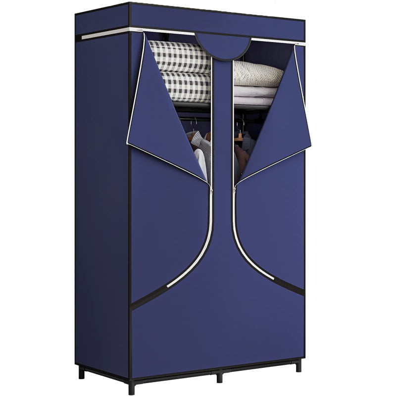 SORCEDAS Portable Wardrobe Closet Storage Organizer Metal Hanging Rack Non-Woven Fabric 34 Inch Coffee (34 Inch, Blue) - Image 1