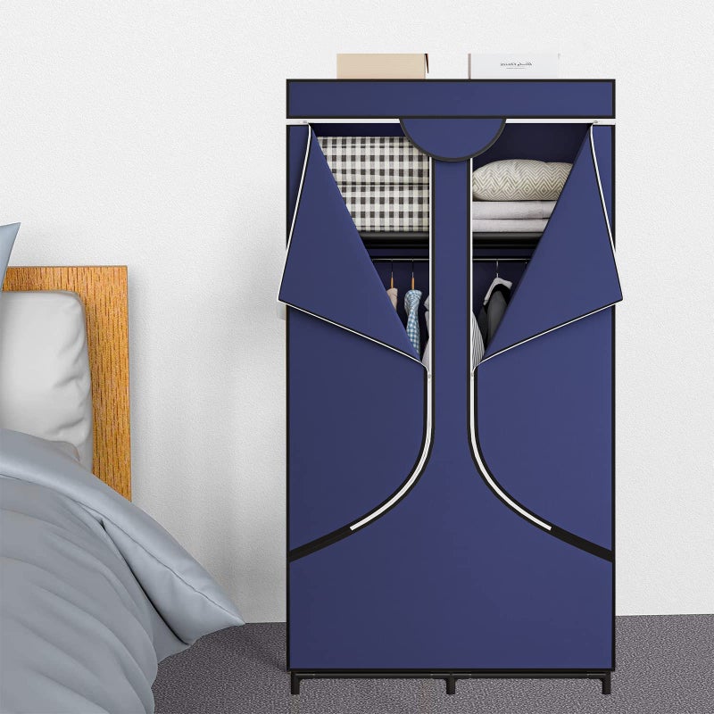 SORCEDAS Portable Wardrobe Closet Storage Organizer Metal Hanging Rack Non-Woven Fabric 34 Inch Coffee (34 Inch, Blue) - Image 2