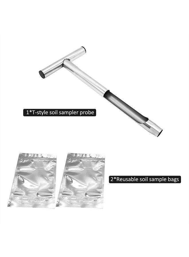 12.8'' Soil Sampler Probe T-style Handle Soil Test Kits with 2Pcs Sample Bags Steel Soil Sampling Tool for Garden Lawn Farm Golf Field Forestry Agriculture