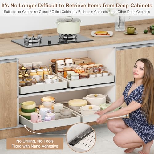 Fokyfok 2Pc Pull out Cabinet Organizer,Width (16"-21") and Depth(13"-17"),Expandable With 3 Rails, Cabinet Roll out Drawers,Adjustable Slide out shelves for Kitchen and Pantry,for Cabinets Without Lip,White - Image 3
