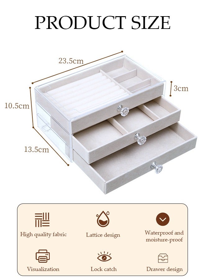 DUNISO Jewelry Organizer Box with 3 Drawers, Earring Jewelry Organizer Clear Jewelry Box for Women, Crystal Handle Velvet Jewelry Display Case for Earring, Rings, Necklace Display Holde - Image 4