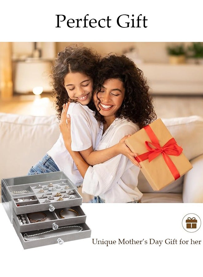 DUNISO Jewelry Organizer Box with 3 Drawers, Earring Jewelry Organizer Clear Jewelry Box for Women, Crystal Handle Velvet Jewelry Display Case for Earring, Rings, Necklace Display Holde - Image 3