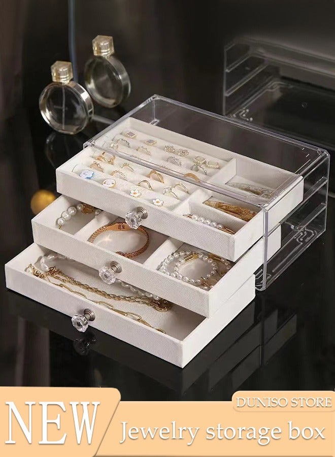 DUNISO Jewelry Organizer Box with 3 Drawers, Earring Jewelry Organizer Clear Jewelry Box for Women, Crystal Handle Velvet Jewelry Display Case for Earring, Rings, Necklace Display Holde - Image 1