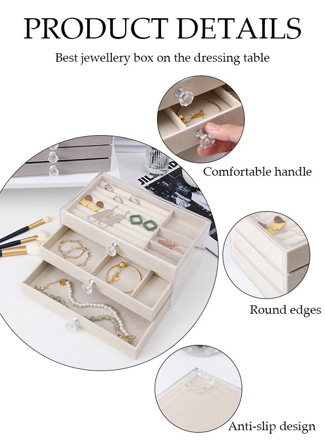 DUNISO Jewelry Organizer Box with 3 Drawers, Earring Jewelry Organizer Clear Jewelry Box for Women, Crystal Handle Velvet Jewelry Display Case for Earring, Rings, Necklace Display Holde - Image 2