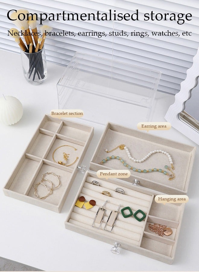 DUNISO Jewelry Organizer Box with 3 Drawers, Earring Jewelry Organizer Clear Jewelry Box for Women, Crystal Handle Velvet Jewelry Display Case for Earring, Rings, Necklace Display Holde - Image 5