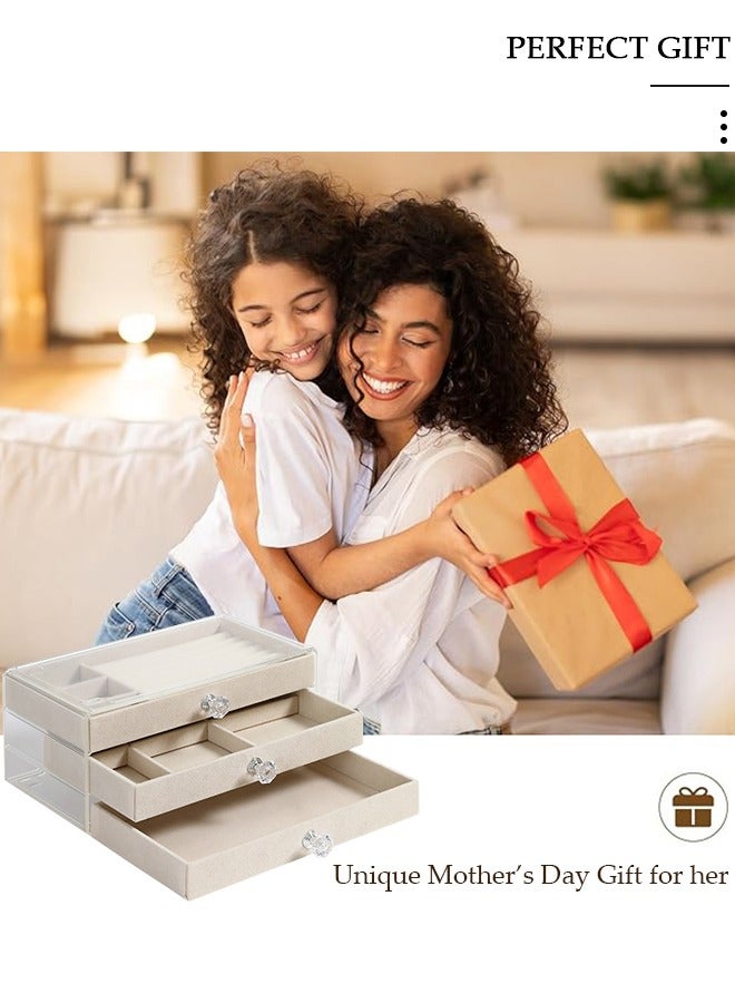 DUNISO صندوق منظم مجوهرات مع 3 أدراج، منظم مجوهرات الأقراط، صندوق مجوهرات شفاف للنساء، حافظة عرض مجوهرات مخملية بمقبض كريستالي للأقراط والخواتم وحامل عرض القلائد - Image 3