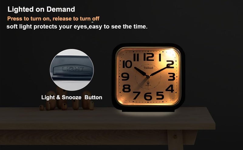 Tinload 5.5" Large Analog Alarm Clock Silent Non Ticking, Gentle Wake, Beep Sounds, Increasing Volume, Battery Operated Snooze and Manual Light, Easy Set, Black (Best for Elder) - Image 3