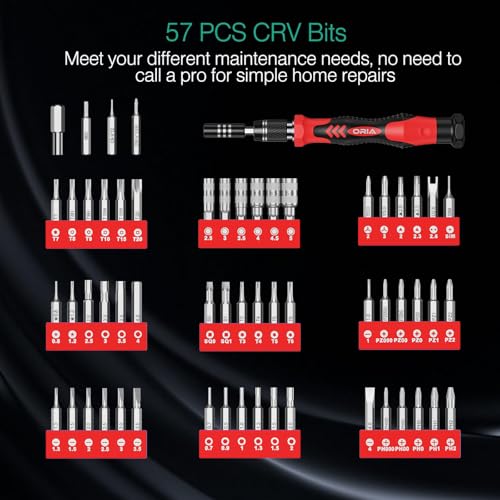 ORIA Precision Screwdriver Kit, Mini Screwdriver Set, 61 in 1 with 57 Bits Repair Tools with Flexible Shaft, Extension Rod for Mobile Phone, Smartphone, Tablet, PC, Red - Image 2