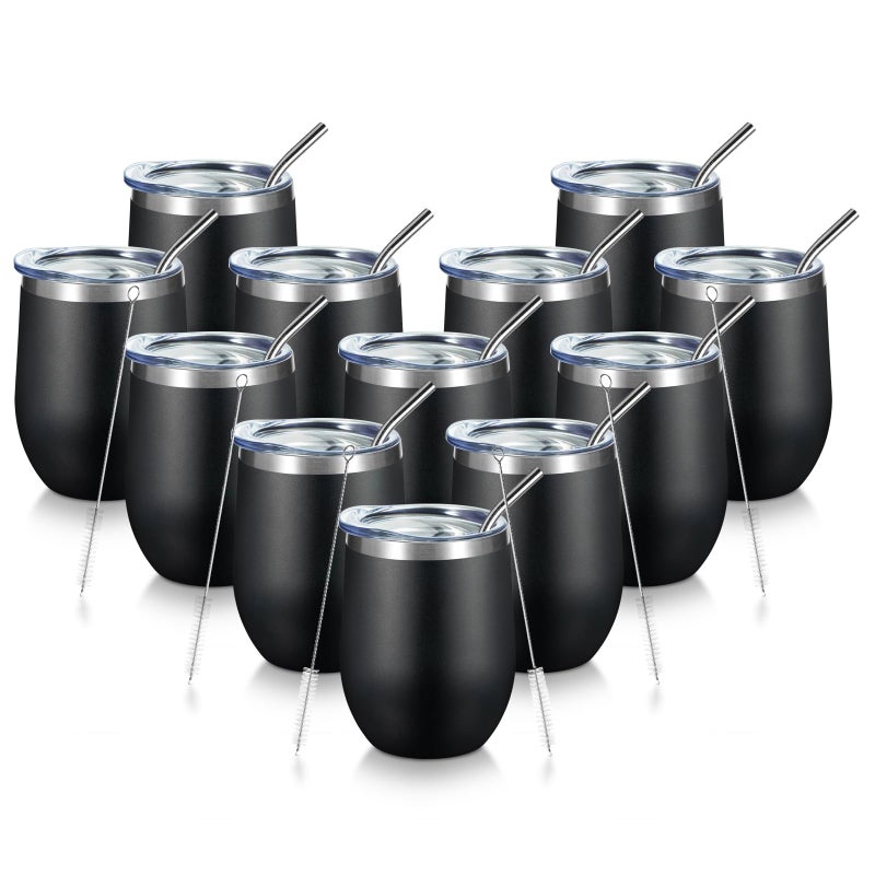 COMOOO 12oz Stainless Steel Wine Tumbler with Lid and Straw Double Wall Vacuum Insulated Wine Tumbler Cup Stemless Wine Tumbler for Cold and Hot Drinks Coffee Wine Cocktails Black 12 Pack