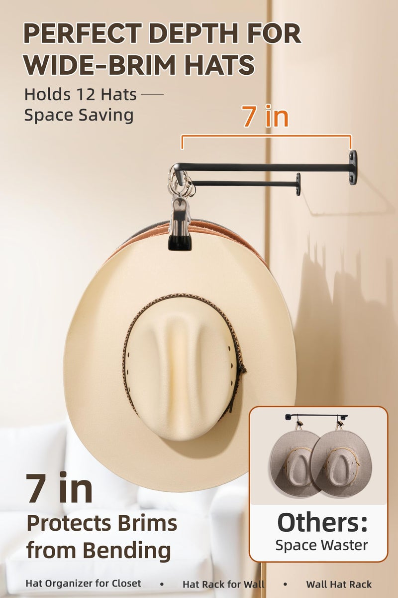 HYDERMUS Cowboy Hat Rack for Wall Cowboy Hats Hook with 12 Clips Metal Cowboy Hat Hanger for Bucket Baseball Caps Sunhat Winter Beanies Fedora Hat Organizer Hat Holder on Wall Women Men Closet Black 2 Pcs - Image 2