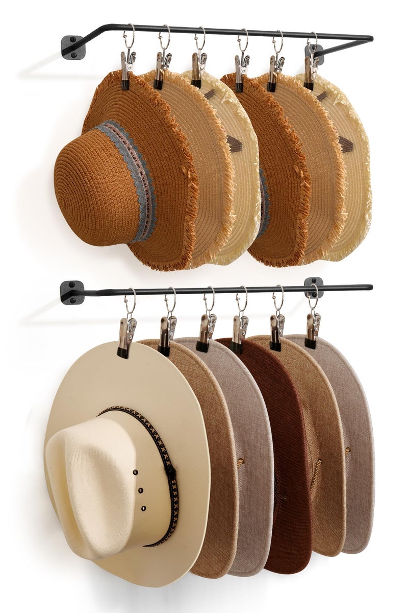HYDERMUS Cowboy Hat Rack for Wall Cowboy Hats Hook with 12 Clips Metal Cowboy Hat Hanger for Bucket Baseball Caps Sunhat Winter Beanies Fedora Hat Organizer Hat Holder on Wall Women Men Closet Black 2 Pcs - Image 1