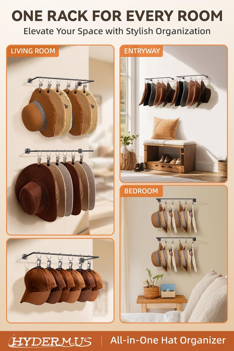 HYDERMUS Cowboy Hat Rack for Wall Cowboy Hats Hook with 12 Clips Metal Cowboy Hat Hanger for Bucket Baseball Caps Sunhat Winter Beanies Fedora Hat Organizer Hat Holder on Wall Women Men Closet Black 2 Pcs - Image 4