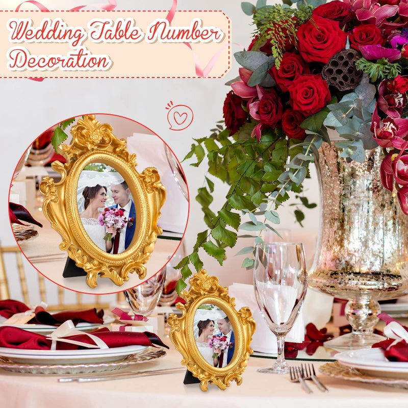 Maitys 10 Pcs Mini Picture Vintage Frames with Stands Tiny Antique Photo Baroque Ornate Resin Oval Frame Table Top Display Home Wedding Decor (Gold) - Image 5