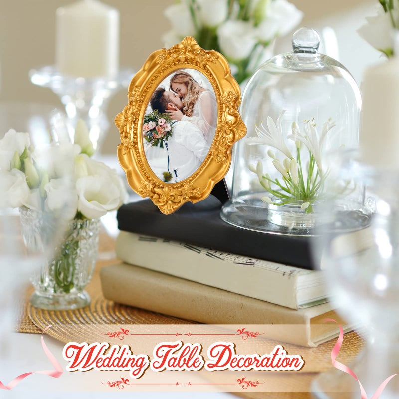 Maitys 10 Pcs Mini Picture Vintage Frames with Stands Tiny Antique Photo Baroque Ornate Resin Oval Frame Table Top Display Home Wedding Decor (Gold) - Image 2