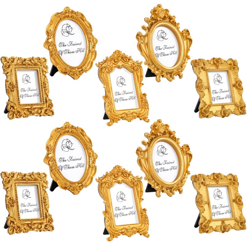 Maitys 10 Pcs Mini Picture Vintage Frames with Stands Tiny Antique Photo Baroque Ornate Resin Oval Frame Table Top Display Home Wedding Decor (Gold) - Image 1