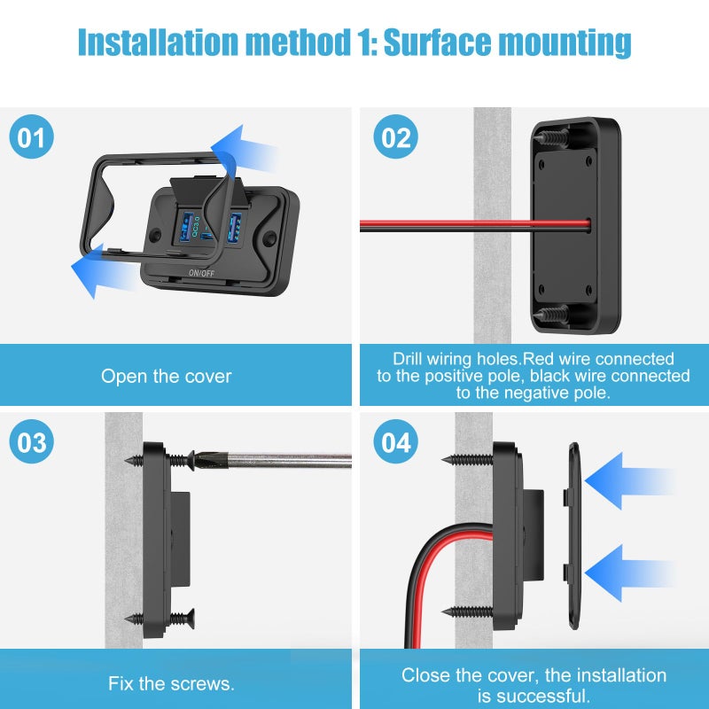 Hapytrip 78W 4 Port 12V USB Outlet Wall Mount, Dual 36W PD & Dual 18W QC3.0 Lightweight Surface Mount Charger Socket Panel with Button Switch for Bus RV Truck Marine Golf Cart - Image 5