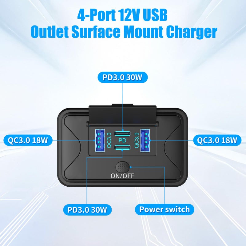 Hapytrip 78W 4 Port 12V USB Outlet Wall Mount, Dual 36W PD & Dual 18W QC3.0 Lightweight Surface Mount Charger Socket Panel with Button Switch for Bus RV Truck Marine Golf Cart - Image 2