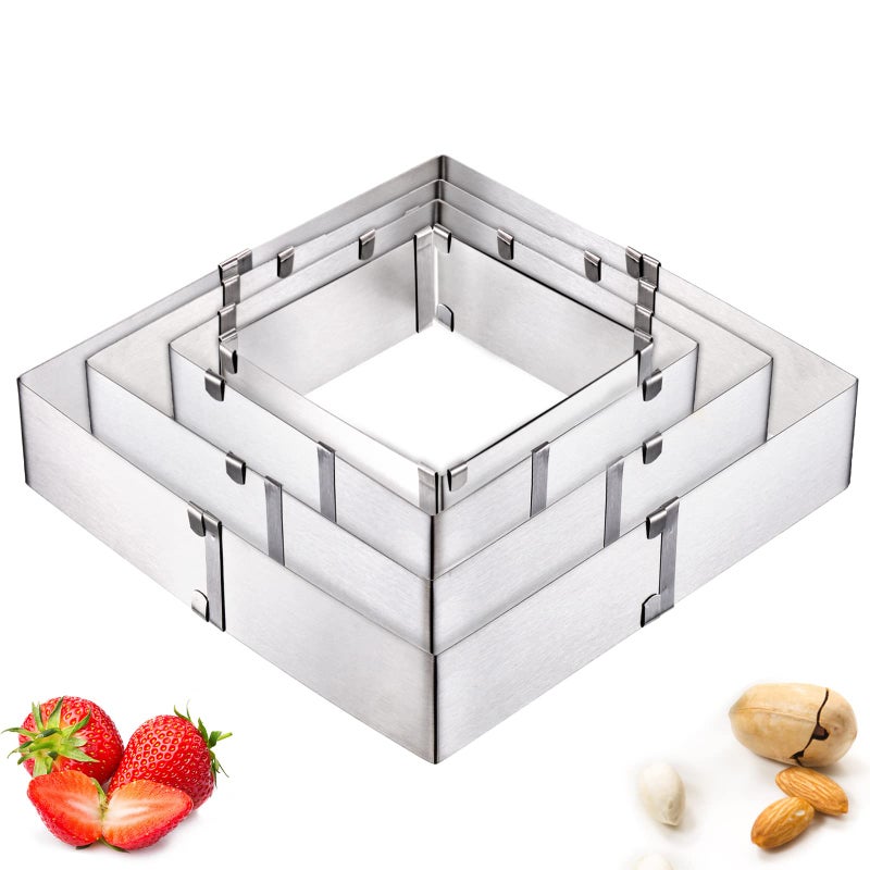 YOUEON 4 Pack Square Cake Molds Ring Adjustable from 6 to 11 Stainless Steel Mousse Cake Ring Baking Molds Pastry Making Tool for Birthday Cakes Party Dessert Handmade Snack