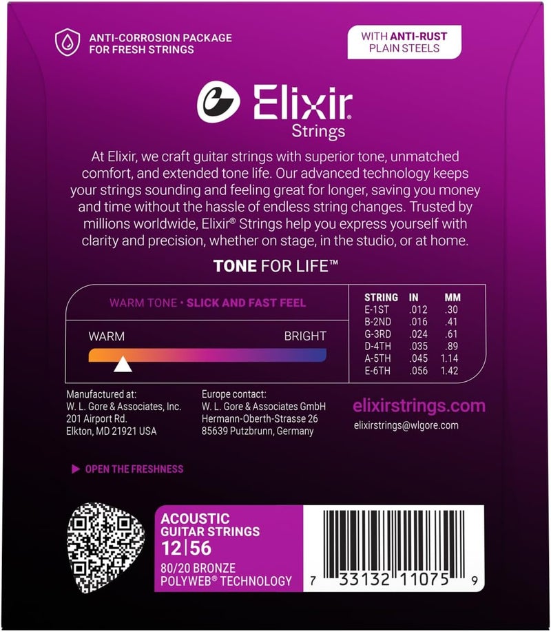 ELIXIR Strings, Acoustic Guitar Strings, 80/20 Bronze with POLYWEB Technology, Longest-Lasting Warm Tone with Comfortable Feel, 6 String Set, Light/Medium 12-56 - Image 2