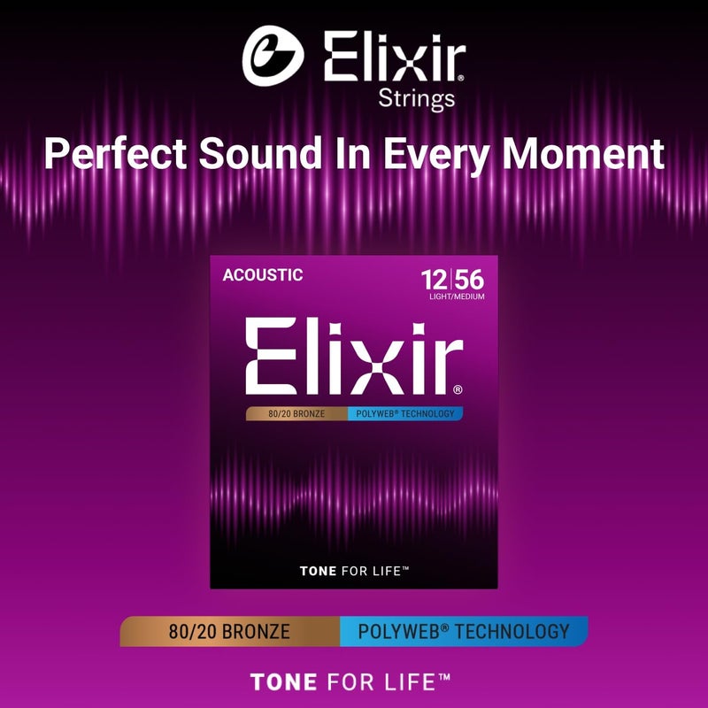 ELIXIR Strings, Acoustic Guitar Strings, 80/20 Bronze with POLYWEB Technology, Longest-Lasting Warm Tone with Comfortable Feel, 6 String Set, Light/Medium 12-56 - Image 3