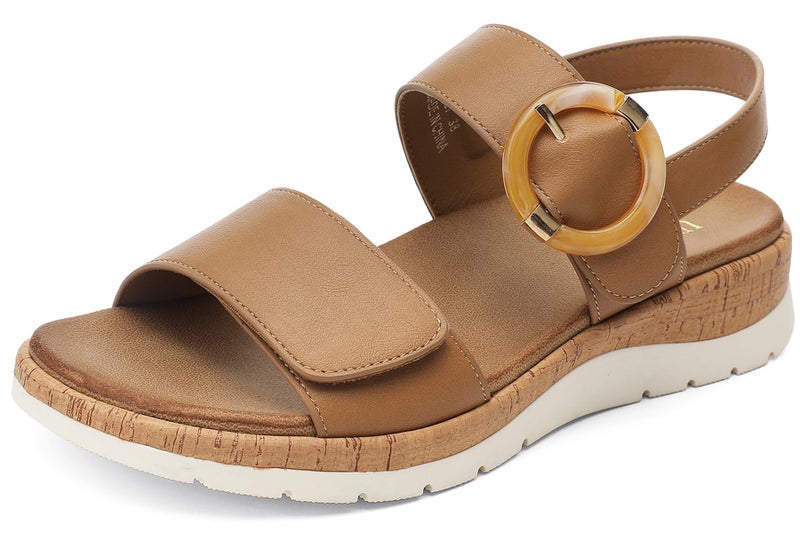 UBFEN Womens Flat Sandals Arch Support Open Toe Walking Comfy Casual Low Wedge Summer Shoes A Khaki Size US 8 - Image 1