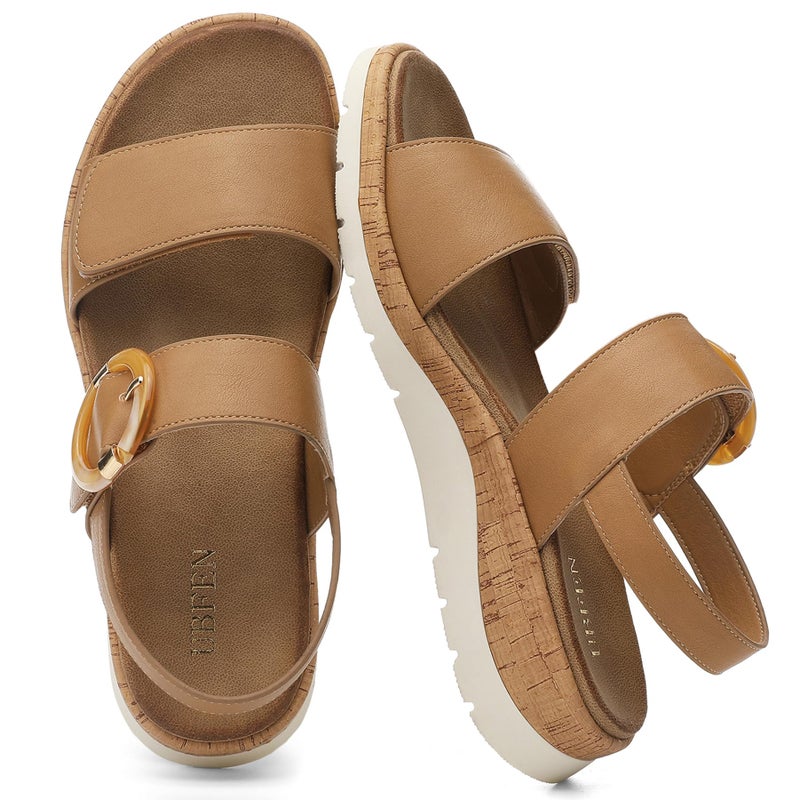 UBFEN Womens Flat Sandals Arch Support Open Toe Walking Comfy Casual Low Wedge Summer Shoes A Khaki Size US 8 - Image 4