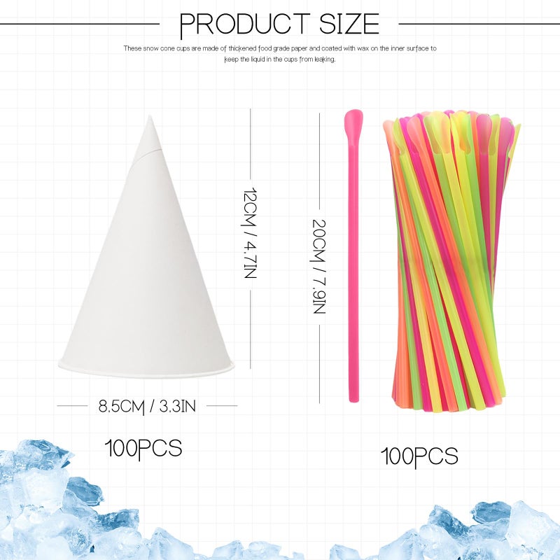 Xloey 6 oz Snow Cone Cups and Straws 100pcs White Paper Cone Cups  with 100pcs Neon Spoon Straws Leakproof Snow Cone Cups for Ice Cream Shaved Ice Water - Image 1