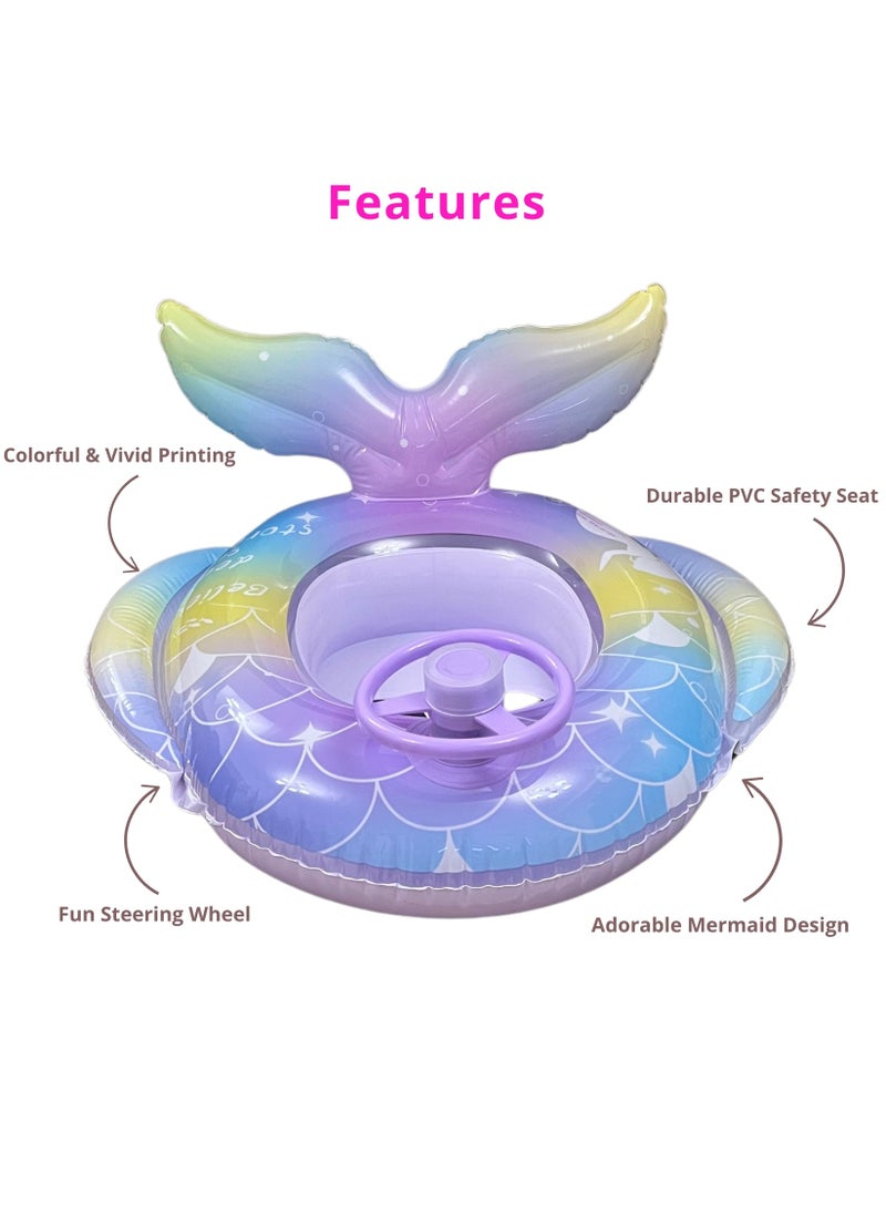 VIO Inflatable PVC Swimming Ring  Mermaid Water Pool Ring with Safety Seat Swimming Pool Floatie for Children Pool Float for Summer Beach Party Pool Party Accessories Buoy Float Swim Seat Swimming Aid Beach Toy for Toddler Babies Kids Girls 25 CM Inner Ring Size  - Image 2