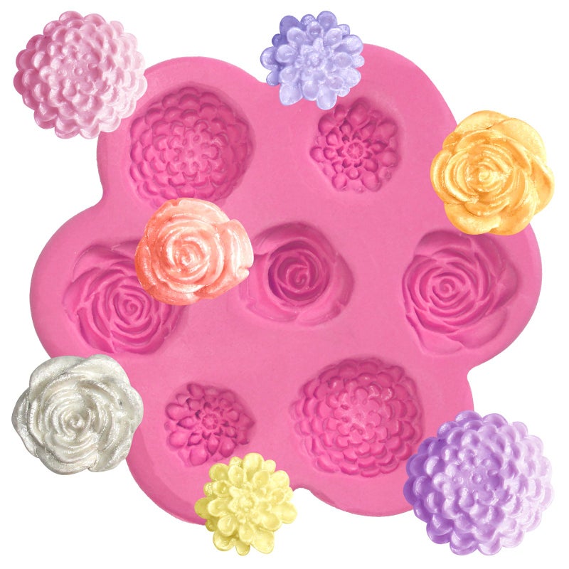 FUNSHOWCASE Mini Flowers Fondant Silicone Mold for Sugarcraft Cake Decoration Cupcake Topper Polymer Clay Soap Wax Making Crafting Projects 7Cavity