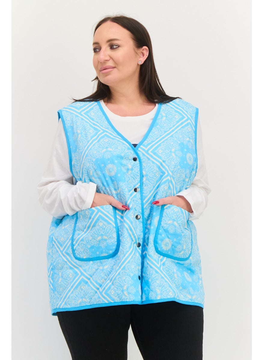 Native Youth Women Plus Size Paisley Print Puffer Vest, Blue  - Image 1