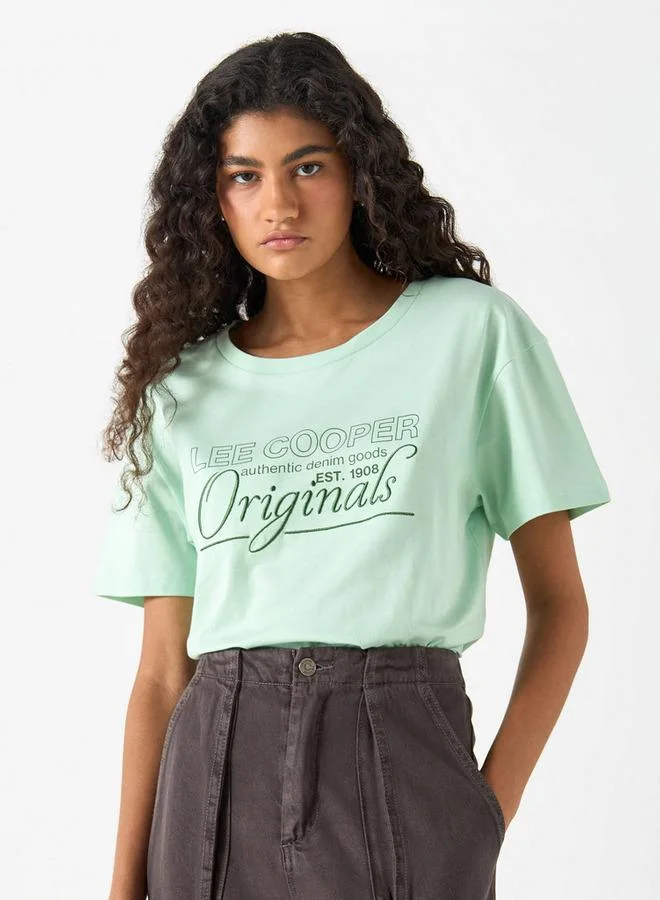 Lee Cooper Typographic Print Cotton T-shirt with Crew Neck and Short Sleeves