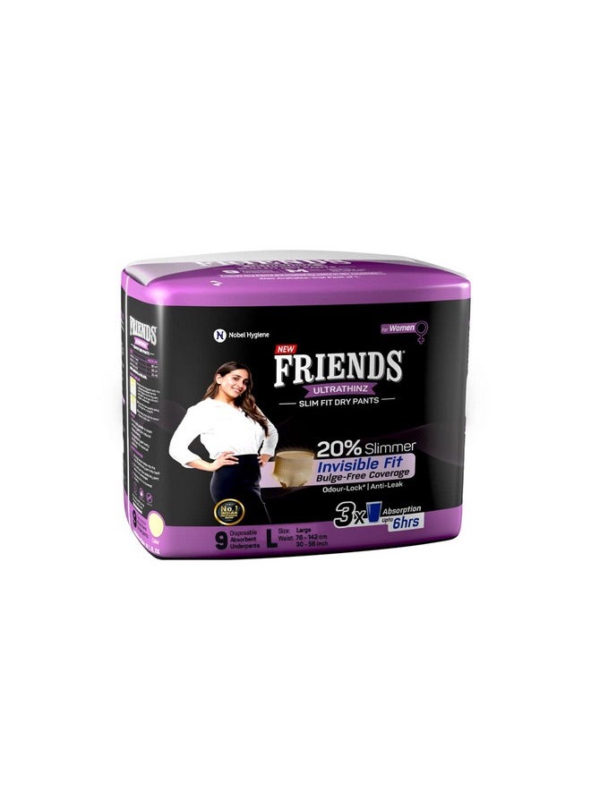 Friends UltraThins Slim Fit Adult Diapers (Dry Pants) for Women - Large - 9 Count - with thin design, peach colour, and anti-rash - Waist Size 30-56 Inch ;76-142 cm - pzsku/ZFBE9FC650FFCC431F3CBZ/45/_/1737721033/4d362fb5-b2b4-46da-a777-c15bea7cff74