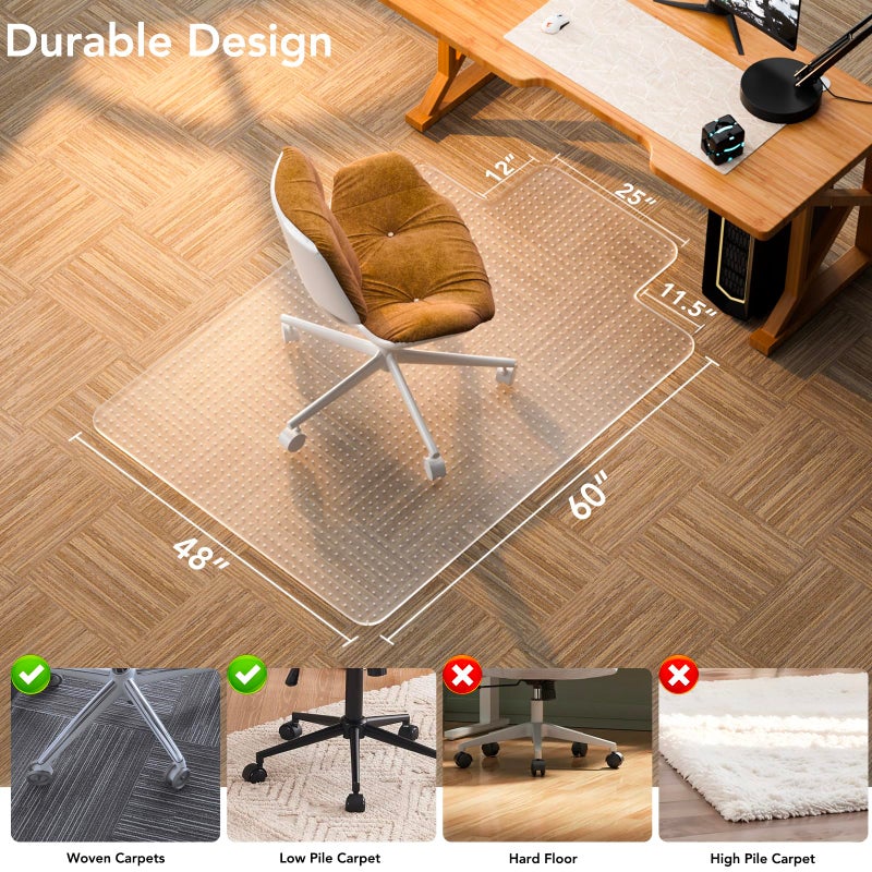 KIOORE Office Chair Mat for Carpet with Lip, 48" x 72" Clear Plastic Heavy Duty Desk Floor Protector, Low Pile Carpet Saver Mat for Rolling Chairs, Smooth Glide Computer Chair Mat for Office or Home - Image 2