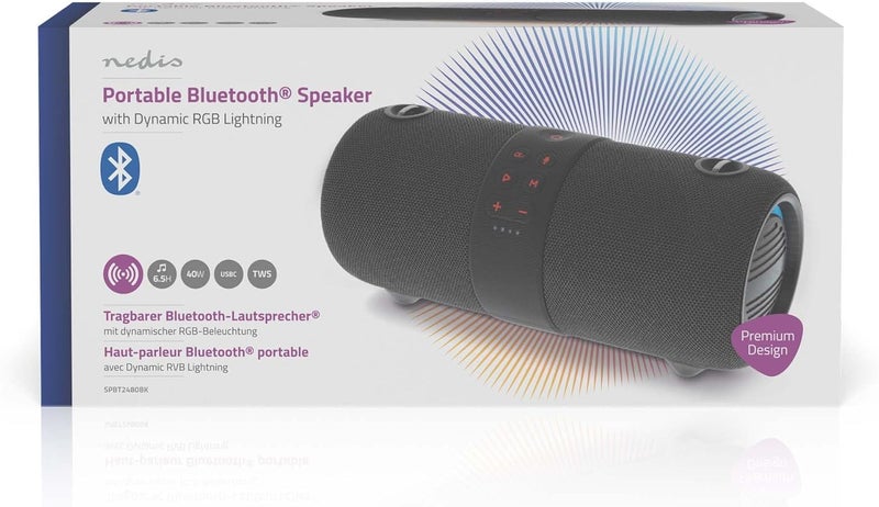 NEDIS Bluetooth Speaker, 40W Portable Wireless Stereo with Built-In Mic, RGB LED Lights, IPX6 Water Resistant, TWS Pairing, USB-C Charging, Up to 6.5H Playtime - Black - Image 3