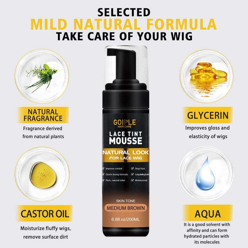 Goiple Lace Tint Melting Hair Mousse, 6.8 fl oz Lace Tint Mousse for Women Hair Wig Lace Wigs Toupees and Hairpieces Natural Finishing Lace Color, Lace Tint Mousse for Wigs Melts Lace Foam Tint(Medium Brown) - Image 2