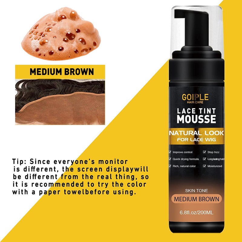 Goiple Lace Tint Melting Hair Mousse, 6.8 fl oz Lace Tint Mousse for Women Hair Wig Lace Wigs Toupees and Hairpieces Natural Finishing Lace Color, Lace Tint Mousse for Wigs Melts Lace Foam Tint(Medium Brown) - Image 3