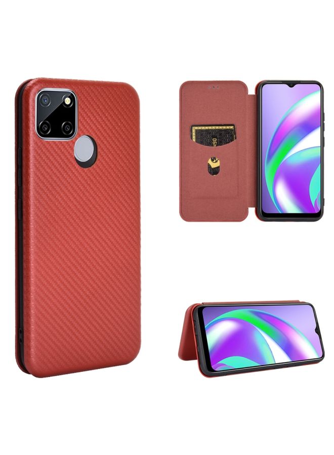 HuHa Case Cover For Realme Narzo 20 / Realme C12 Carbon Fiber Texture Horizontal Flip TPU + PC + PU Leather Case with Card Slot Brown