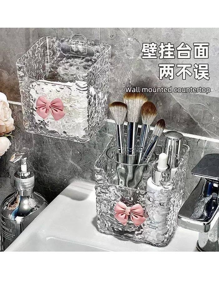 Elegant clear makeup brush holder with bow detail, perfect for organizing your cosmetics with style and femininity. - Image 3