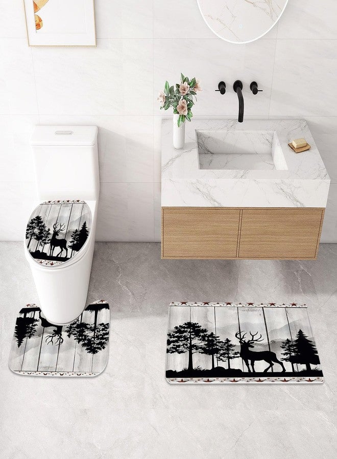 Litabel 4 Pcs Rustic Forest Deer Shower Curtain Set with Non-Slip Rugs, Toilet Lid Cover and Bath Mat, Wooden Country Bathroom Decor Set with Shower Curtain and Rugs(Hooks Not Included) - Image 4