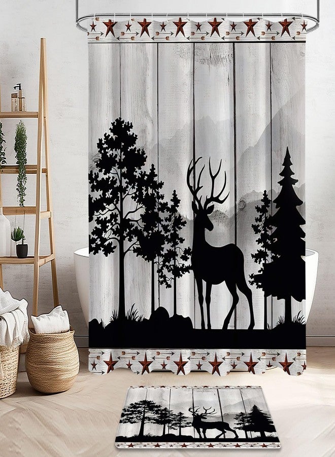 Litabel 4 Pcs Rustic Forest Deer Shower Curtain Set with Non-Slip Rugs, Toilet Lid Cover and Bath Mat, Wooden Country Bathroom Decor Set with Shower Curtain and Rugs(Hooks Not Included) - Image 3