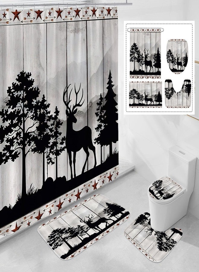 Litabel 4 Pcs Rustic Forest Deer Shower Curtain Set with Non-Slip Rugs, Toilet Lid Cover and Bath Mat, Wooden Country Bathroom Decor Set with Shower Curtain and Rugs(Hooks Not Included) - Image 1