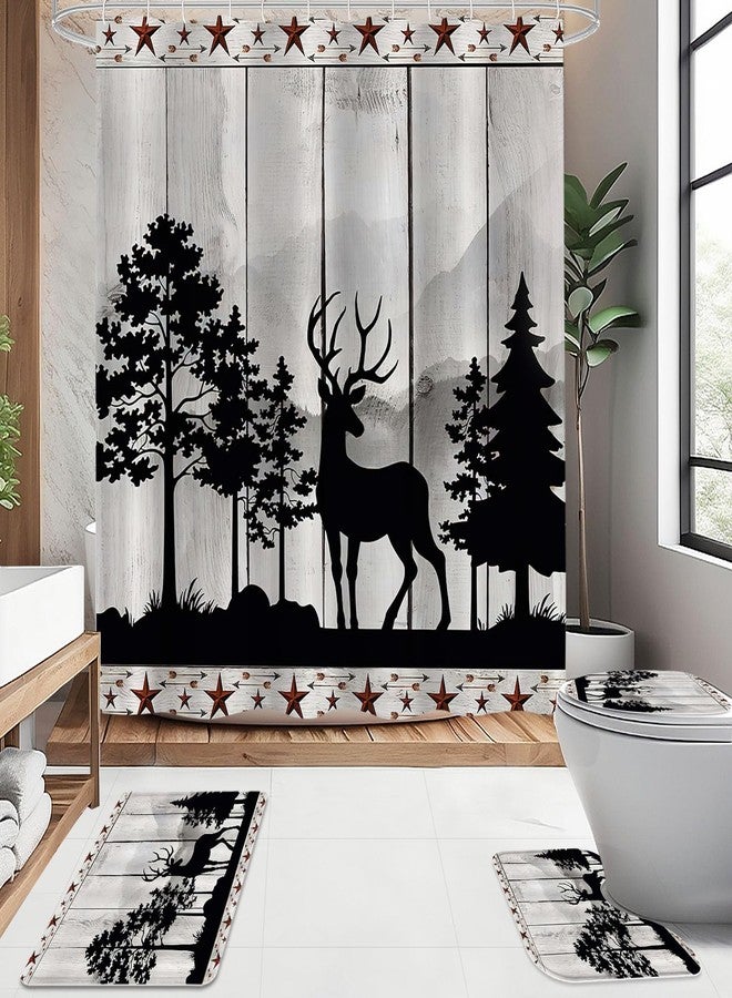 Litabel 4 Pcs Rustic Forest Deer Shower Curtain Set with Non-Slip Rugs, Toilet Lid Cover and Bath Mat, Wooden Country Bathroom Decor Set with Shower Curtain and Rugs(Hooks Not Included) - Image 2