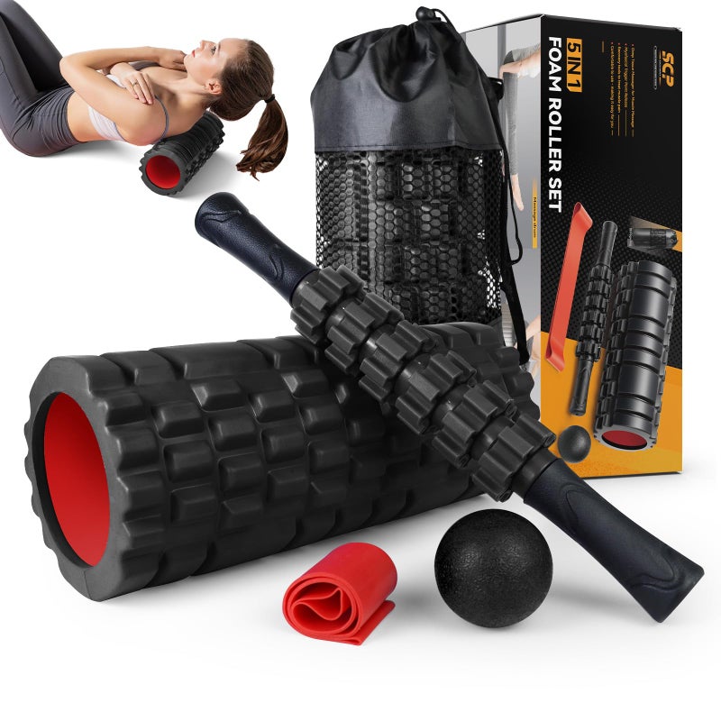 SUBCULTUREPICK 5 in1 Foam Roller Set Trigger Point Foam Roller Massage Roller Stick Massage Ball Resistance Band for Deep Muscle Massage Pilates YogaFitness Exercise for Whole Body BlackRed 