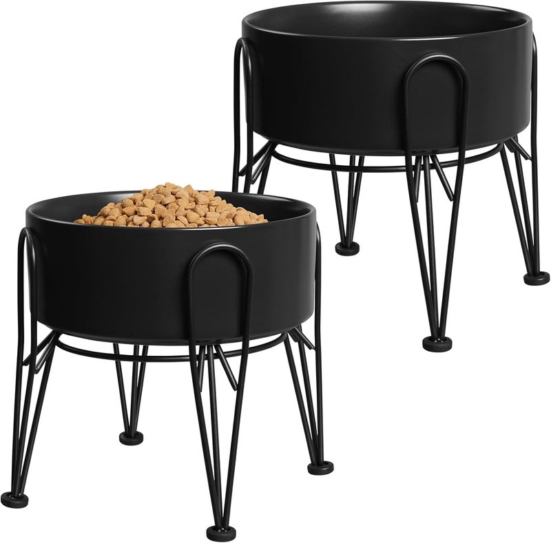 Kitwinney Elevated Dog Bowls, Ceramic Raised Dog Bowl Set with Anti-Slip and Non-Tip Metal Stand, 2 Pack Pet Food and Water Feeding Bowls for Small and Medium Dogs (Black,7.6 Cups) - Image 1
