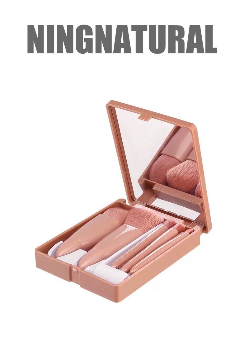 ningnatural مجموعة فرش مكياج للسفر 5 قطع فرش تجميل مصغرة احترافية مع حقيبة ومرآة - Image 1