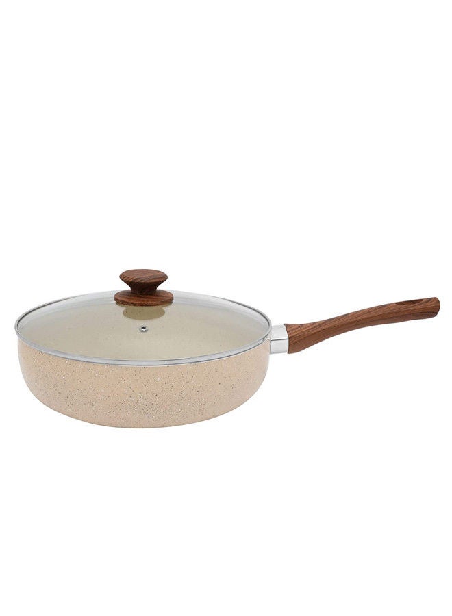 Trust Non-Stick Aluminum Deep Fry Pan With Glass Lid With Soft Touch Wood Handle Beige/Brown - Image 2