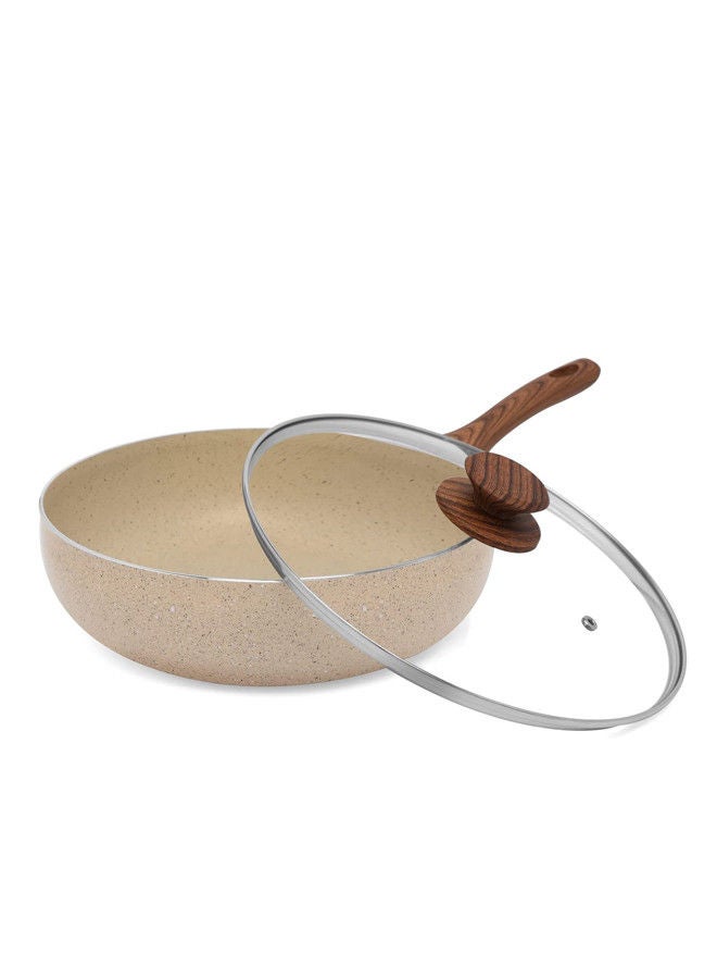 Trust Non-Stick Aluminum Deep Fry Pan With Glass Lid With Soft Touch Wood Handle Beige/Brown - Image 3